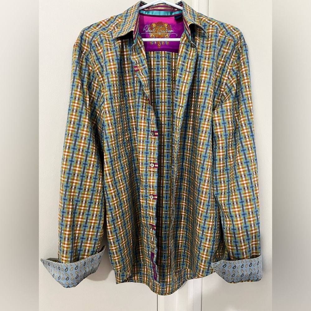 Robert Graham Button Up Dress Shirt Contrasting Cuffs Plaid Paisley XL $258